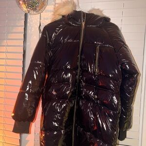 Forever 21 Shiny Black Puffer Coat with Faux Fur Trim